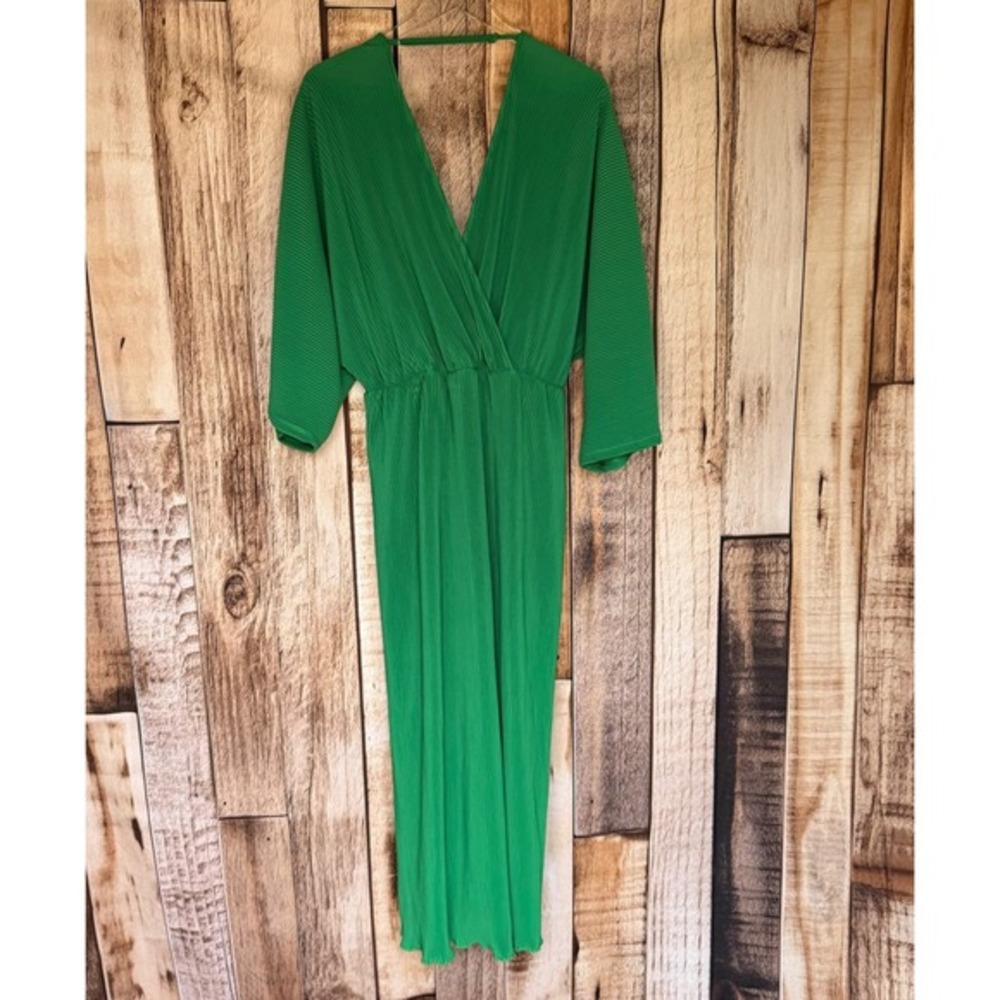 Anthropologie‎ Dress Plissé Faux-Wrap Kimono Sleeve Green Maxi Boho Glam XL NWT - Picture 2 of 10